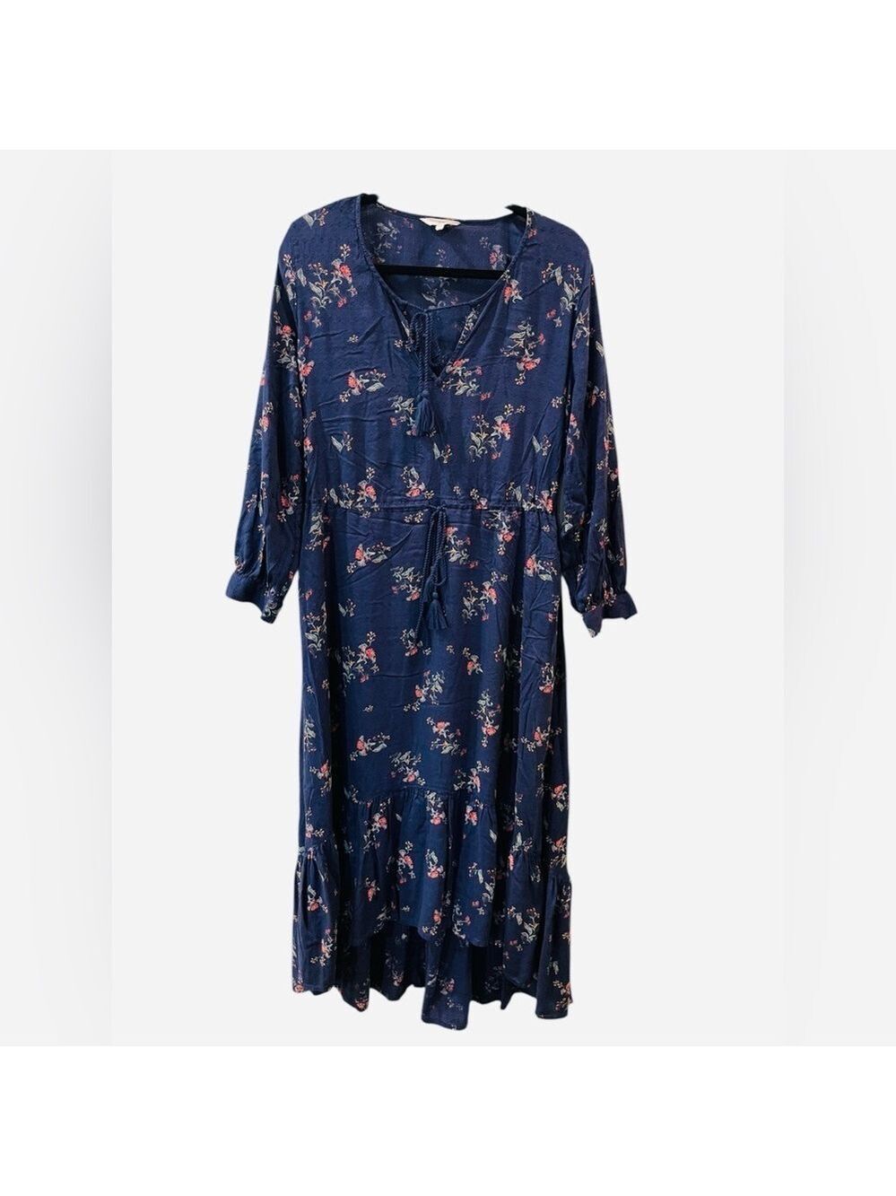 Lucky Brand Women’s Floral Print Puff Sleeve Bohemian Midi Dress Blue Size Large